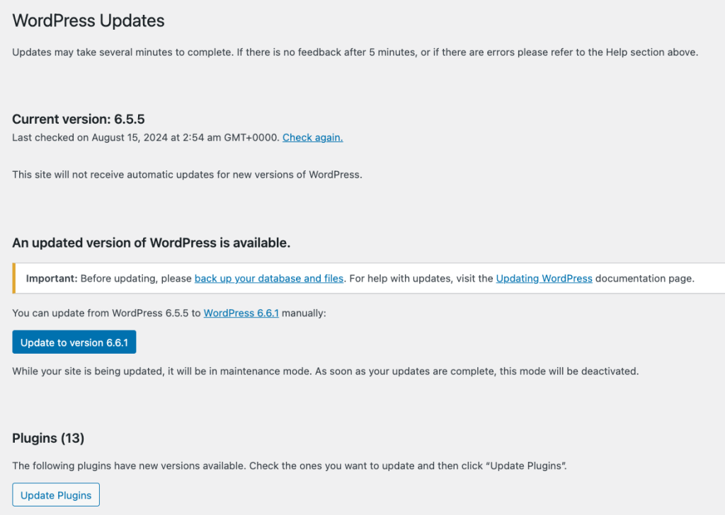 WordPress Updates page