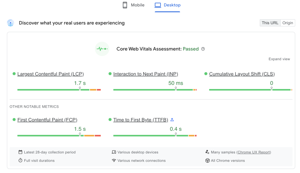 The Core Web Vitals report on PageSpeed Insights