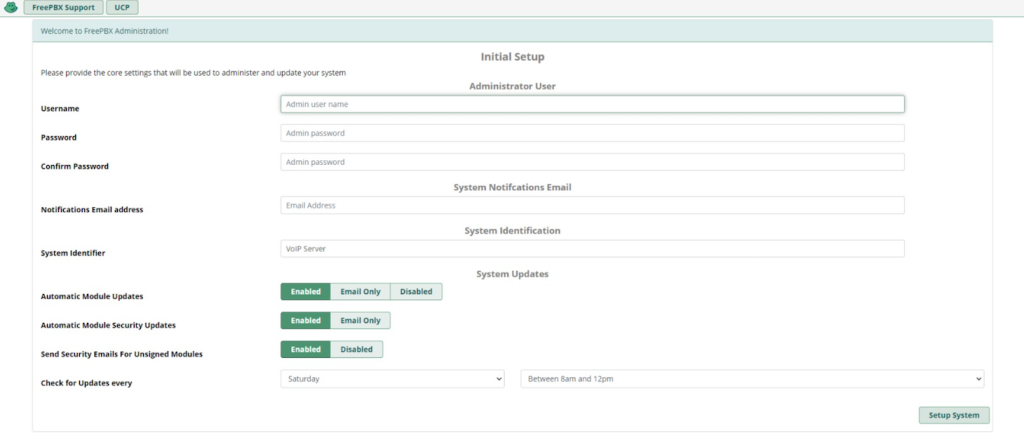 Admin account creation menu on FreePBX dashboard