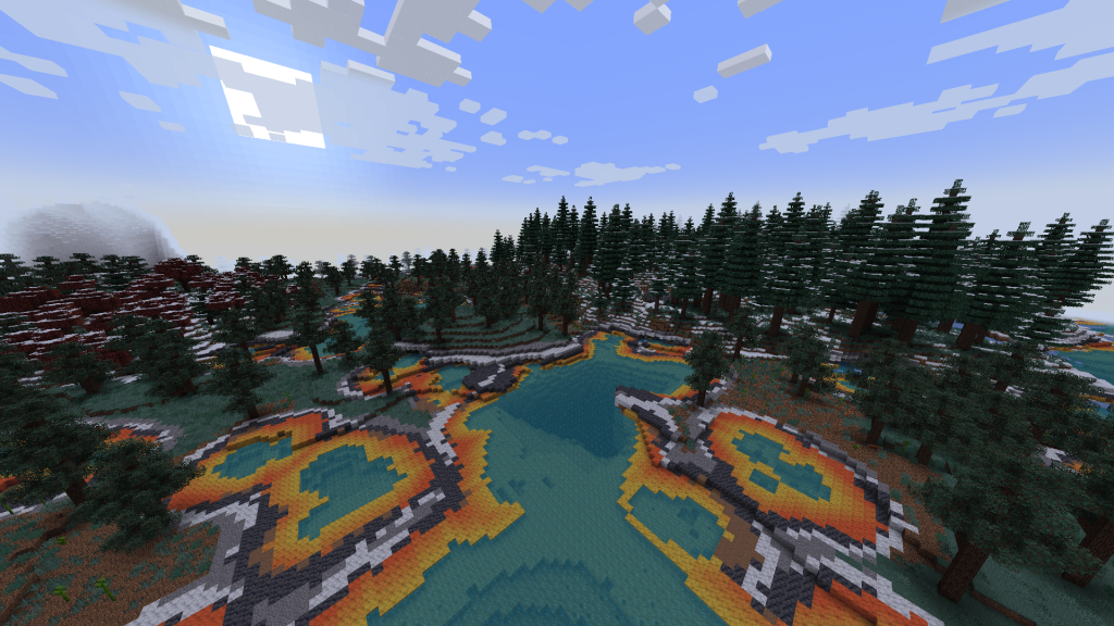 Image displaying a Minecraft biome with snowy evergreen trees and clear water with orange colored coasts