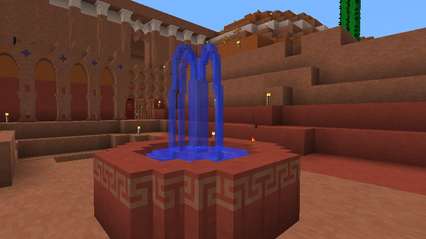 MInecraft image containing a fountain made from stylized red rock bricks