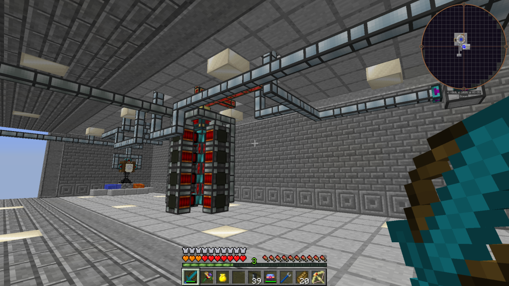 Minecraft image displaying interior of a stone brick building, containing piping and some complex machinery