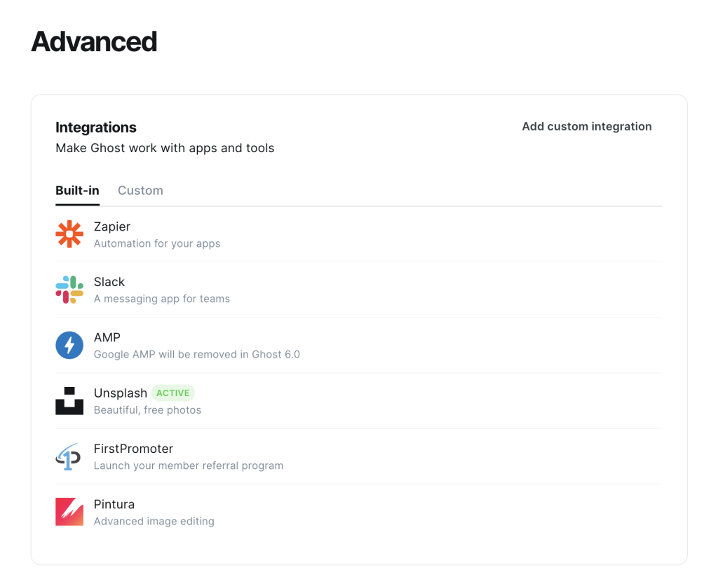 Ghost advanced integrations built in selected