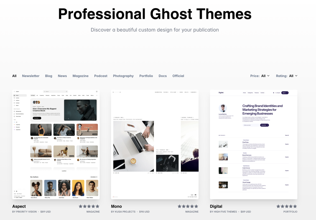 Ghost theme marketplace