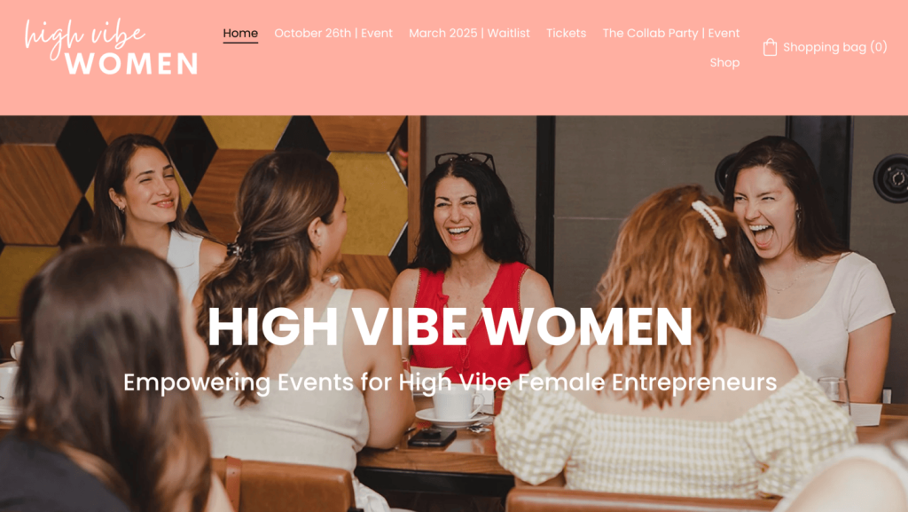 Homepage of High Vibe Women, networking events for female entrepreneurs