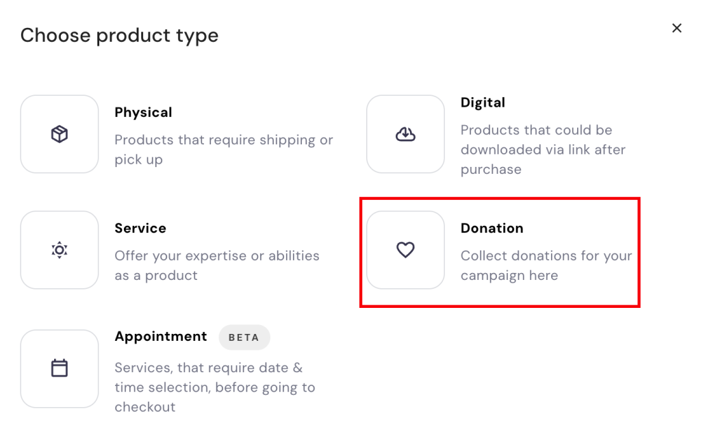 Hostinger Website Builder Store manager add product page highlighting donation option