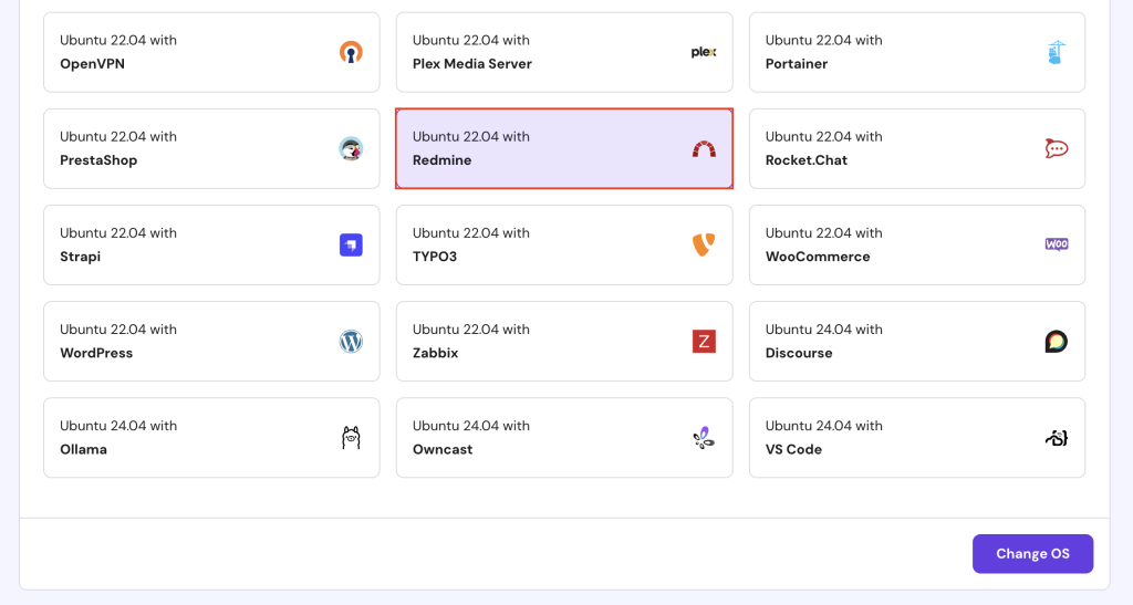 The Ubuntu 22.04 with Redmine template in hPanel's VPS