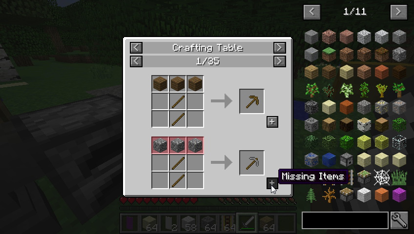 Minecraft screenshot displaying a crafting table with recipes available