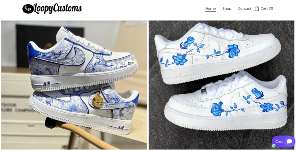 Homepage of LoopyCustoms, showing their unique sneaker designs