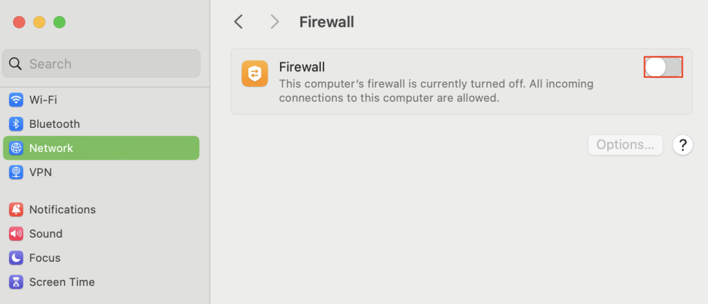 The Firewall option under the Network tab in macOS