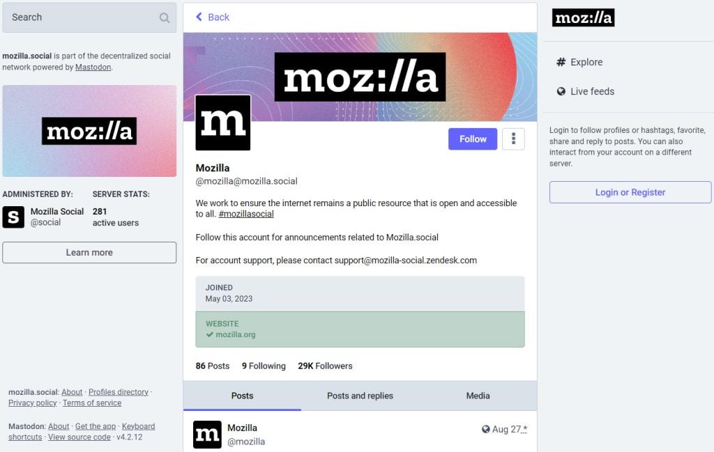 Mozilla's account on Mastodon, highlighting their mission, branding an using profile metadata.