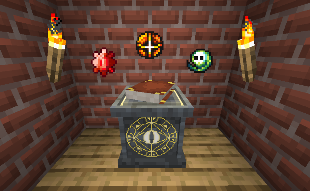 Minecraft image showing an altar with the "All seeing eye", a book on top of the altar and magical symbols floating above it.