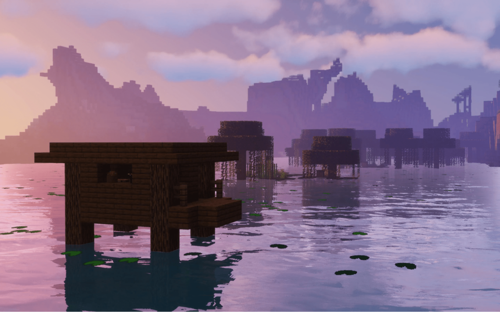 Minecraft screenshot displaying wooden houses built on water, highlighting high quality shadows and textures