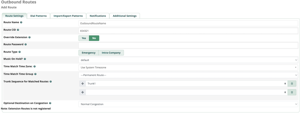 Outbound route configuration page on FreePBX dashboard