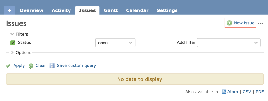 The New issue button in Redmine