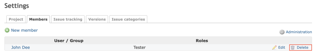 The Delete button in Redmine's Members tab