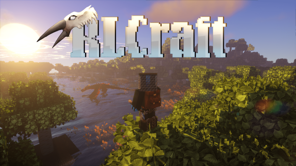 Image containing a RLCraft logo and showcasing Minecraft character standing in a tree, viewing a water body with a dragon flying over it