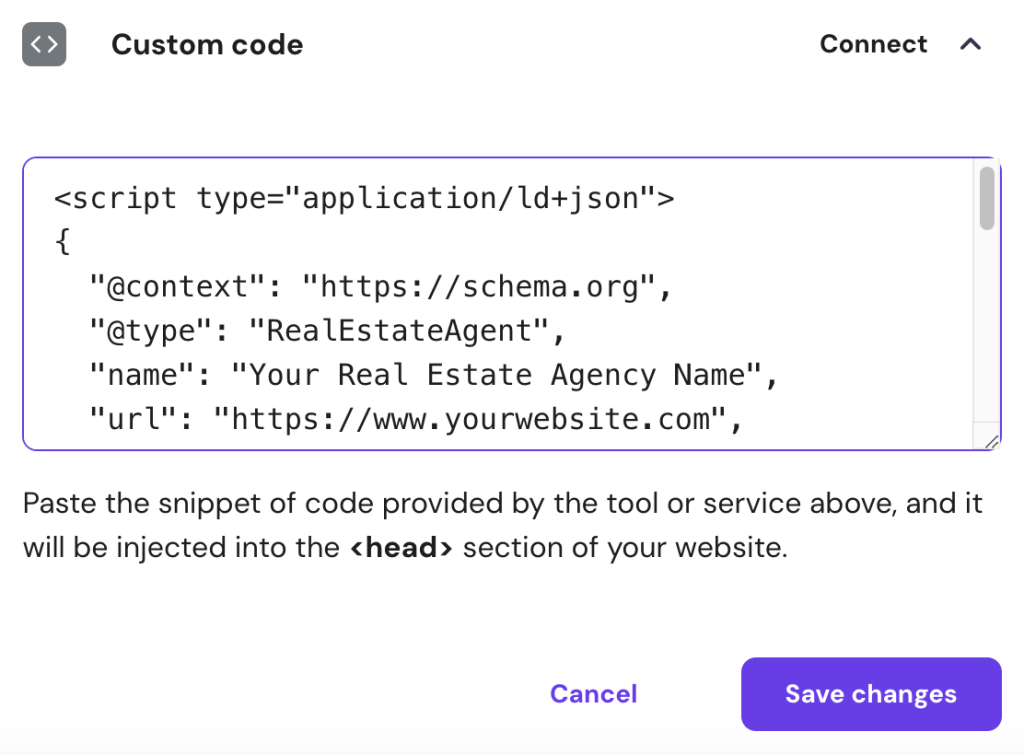 Custom code panel within Hostinger Website Builder