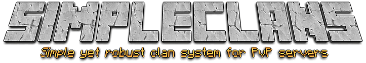 text "Simple clans" written in a pixelated font wit ha stone-like texture and a yellow text "Simple yet robust clan system for pvp servers" below it