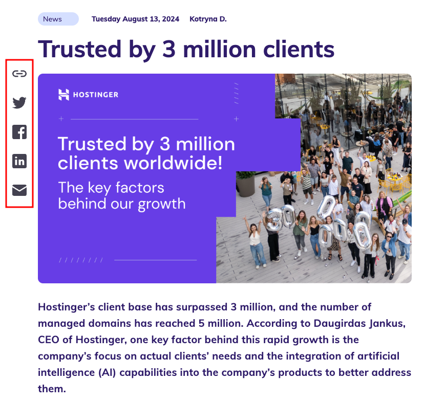Hostinger blog post, highlighting the social sharing icons