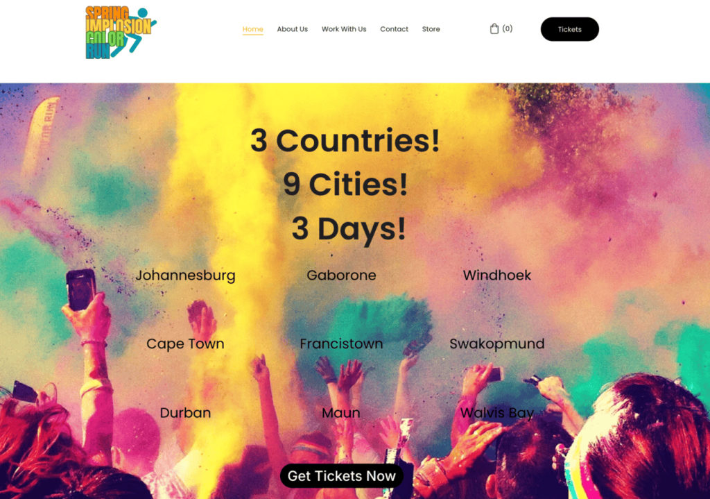 Homepage of Spring Implosion Color Run, a running event with music and activities