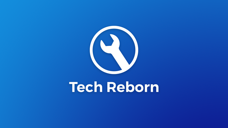 Blue background with a "Tech reborn" text and a logo of a wrench inside a circle