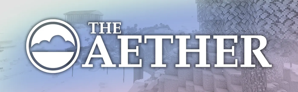 "The Aether" logo and text, with a background showing a heavenly Minecraft biome