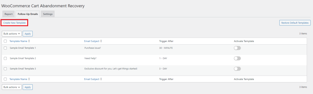 The Create New Templates button is highlighted on WooCommerce Cart Abandonment Recovery plugin dashboard.