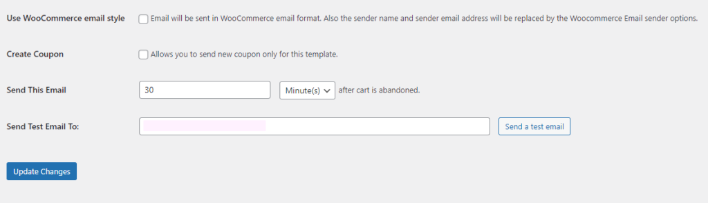 The WooCommerce Cart Abandonment Recovery email editor setting options.