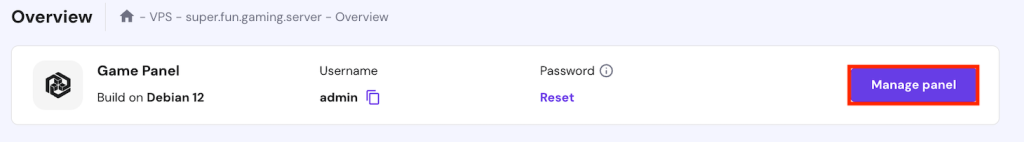 The Manage panel button on hPanel Game Panel hosting dashboard
