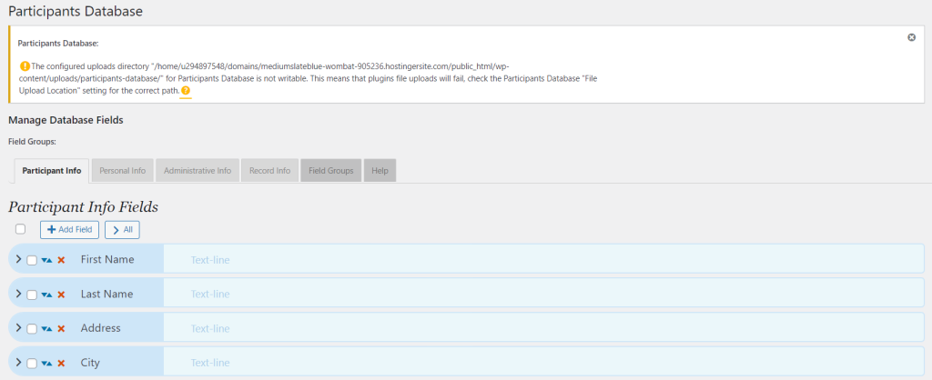 The Participant Database plugin's interface to manage database field