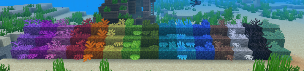 Minecraft underwater image showing different styles of colorful underwater blocks built into a stair structure