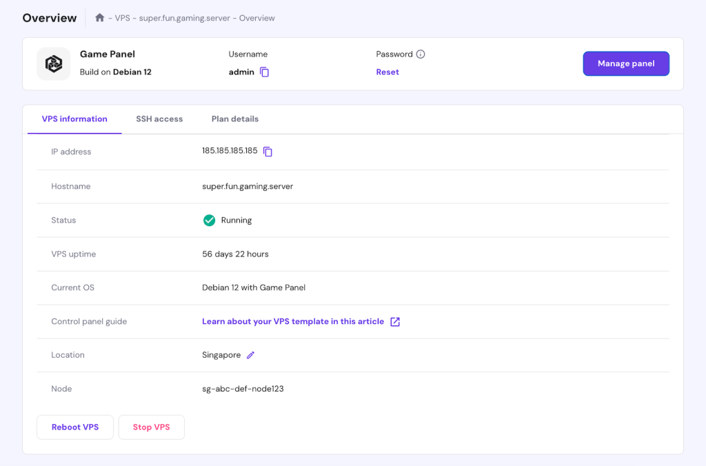 VPS information menu in hPanel