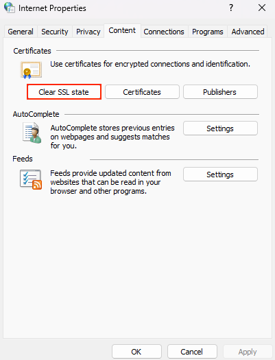 The Clear SSL state button under the Content tab in Windows' Internet Properties settings