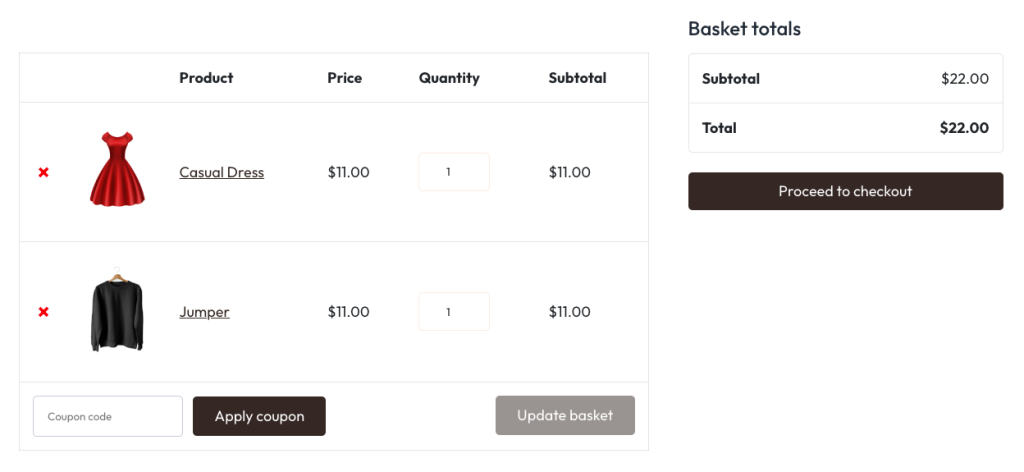 WooCommerce cart page displayed using the [woocommerce_cart] shortcode