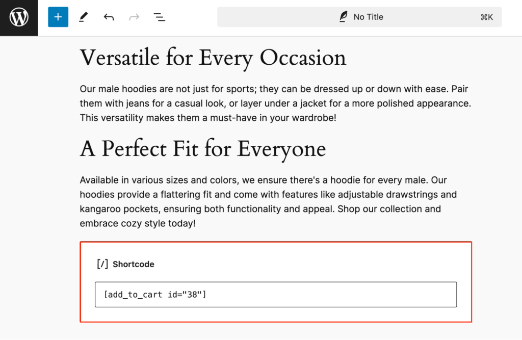 The add-to-cart shortcode in the WordPress block editor
