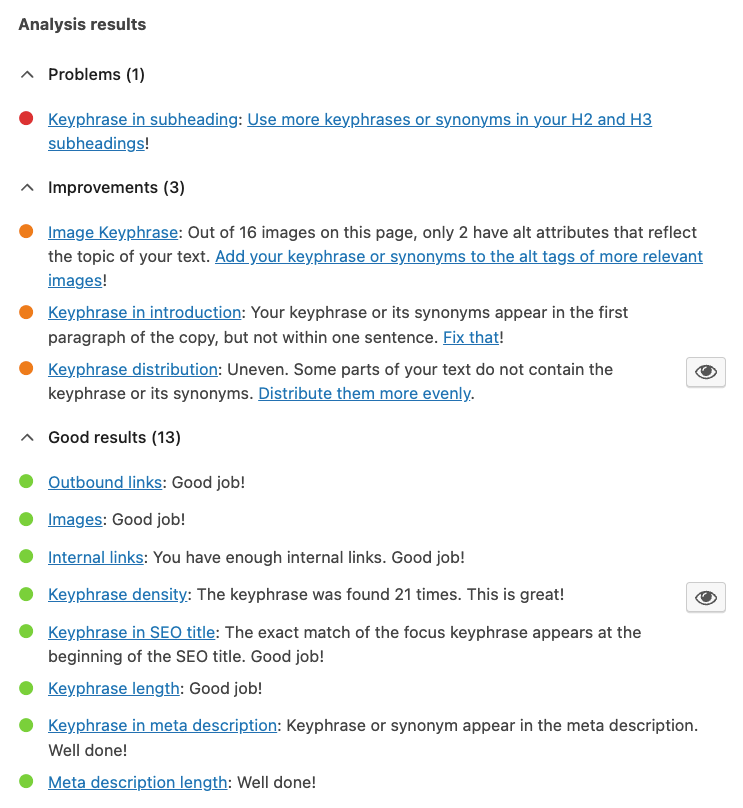 SEO analysis on a WordPress post using Yoast SEO plugin