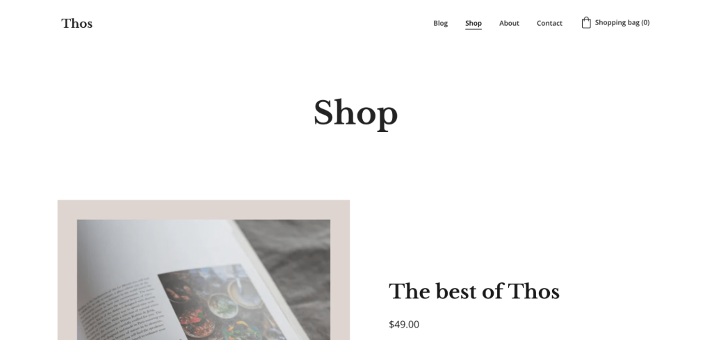 Example of a shop page in a blog website template