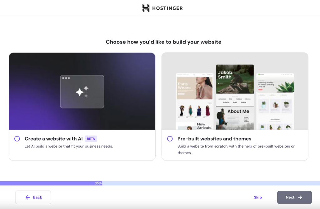 The AI Website Builder for WordPress pre-selection page on Hostinger's hosting onboarding steps