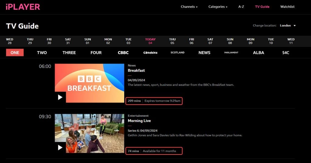 Screenshot of the time-shifted schedule of BBC's iPLAYER, highlighting limited availability with differing expiration times.