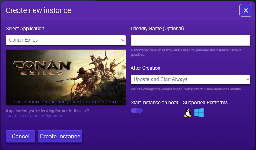 Create new instance screen