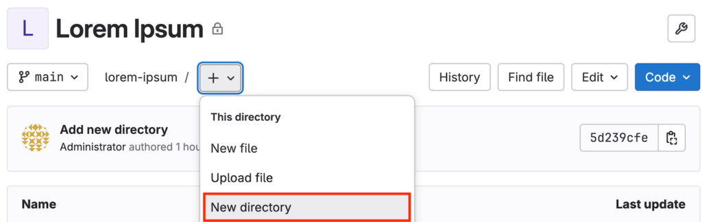 The folder creation button on GitLab