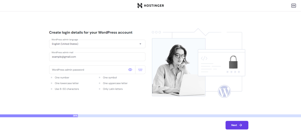 The WordPress account creation page during Hostinger onboarding step