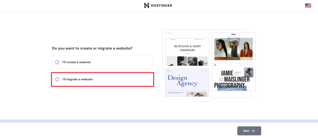 The I'll migrate a website option highlighted on the Hostinger's hosting account onboarding step