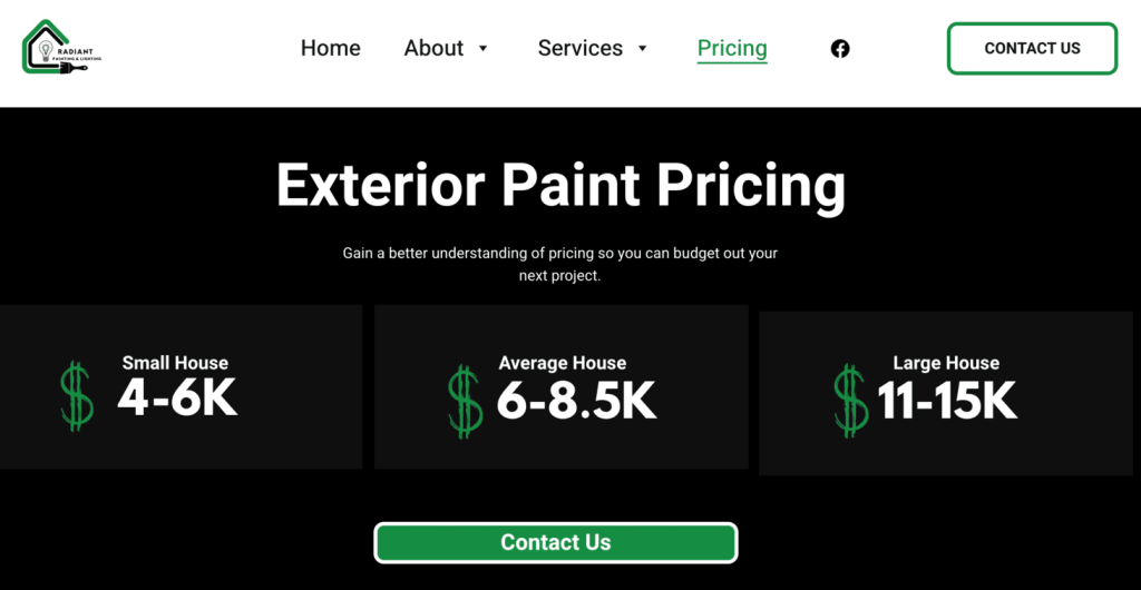 Pricing page for Radiant Painting & Lighting