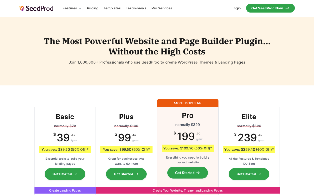 SeedProd pricing page