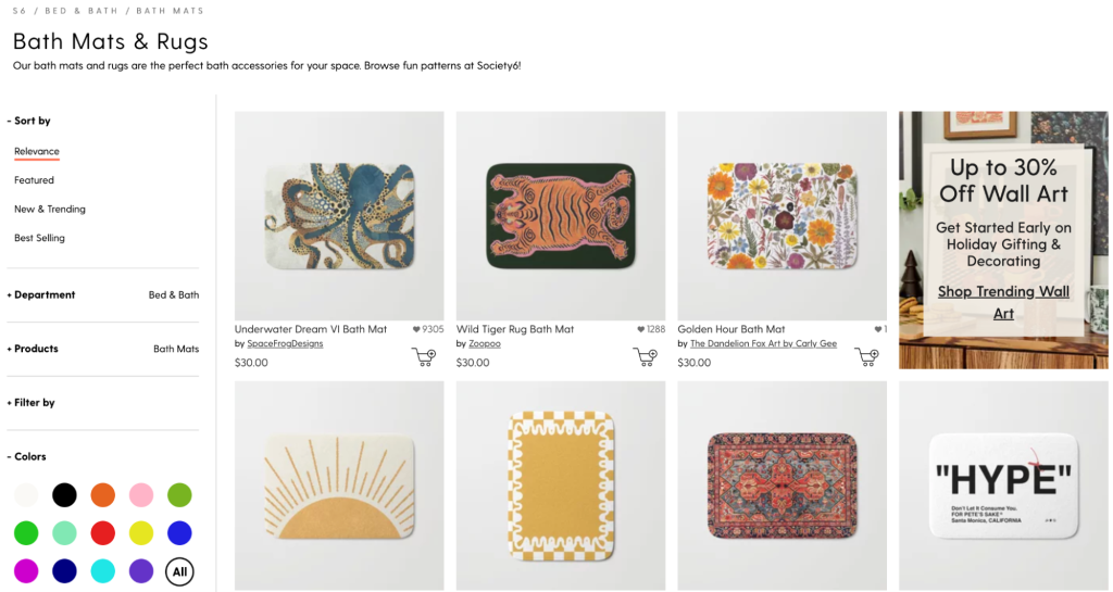 Example of bath mats and rugs with custom art sold on Society6