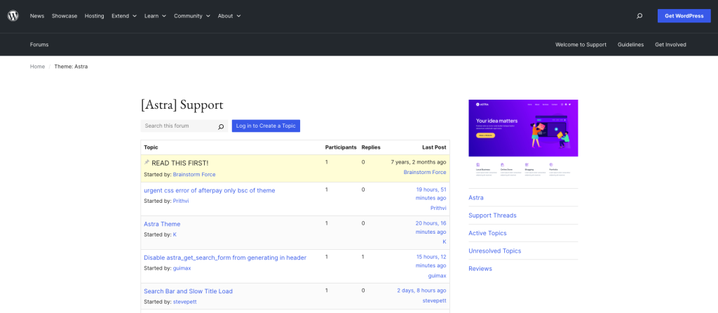 Astra theme support forum