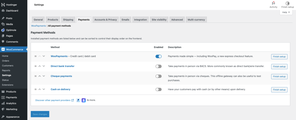 WooCommerce settings in WordPress dashboard