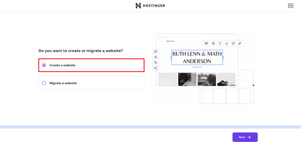 Hostinger WordPress onboarding, where user chooses to create a new website
